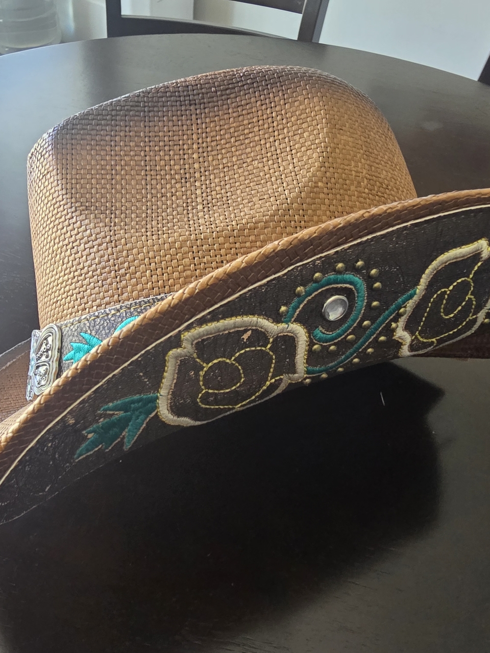 Embroidered Straw Western Hat in Brown with Teal Accents